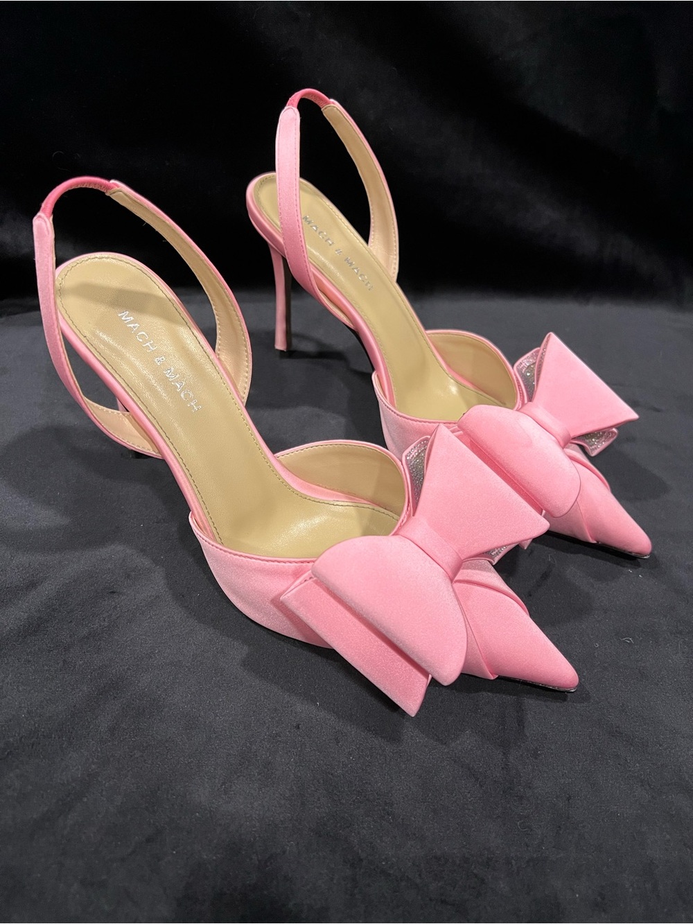 MACH & MACH Pink Satin Pointed-Toe Slingback Heels with Bow